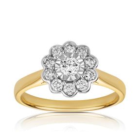 Round Brilliant Cut Diamond Flower Ring in 9ct Yellow Gold TDW 0.50ct - Wallace Bishop