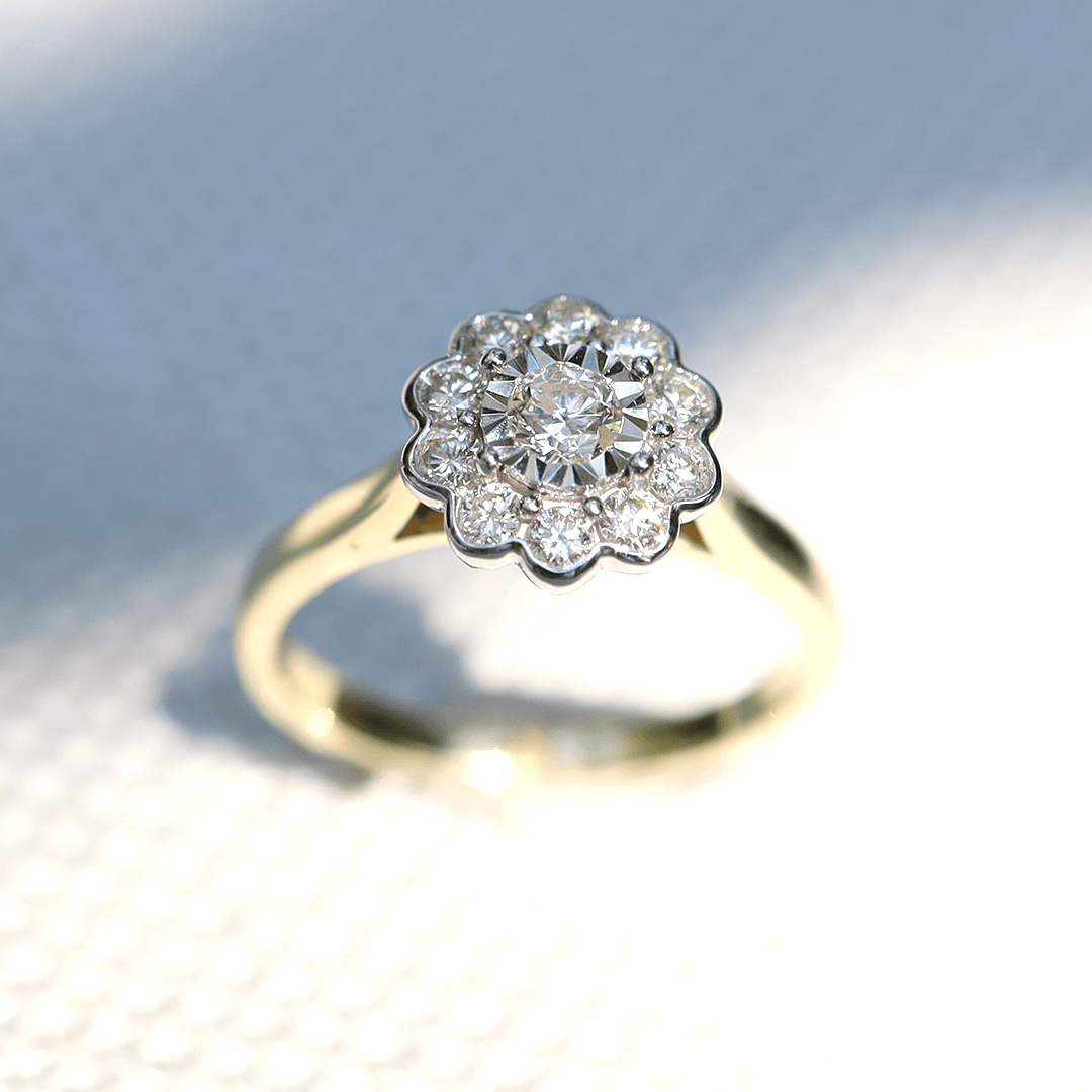 Round Brilliant Cut Diamond Flower Ring in 9ct Yellow Gold TDW 0.50ct - Wallace Bishop