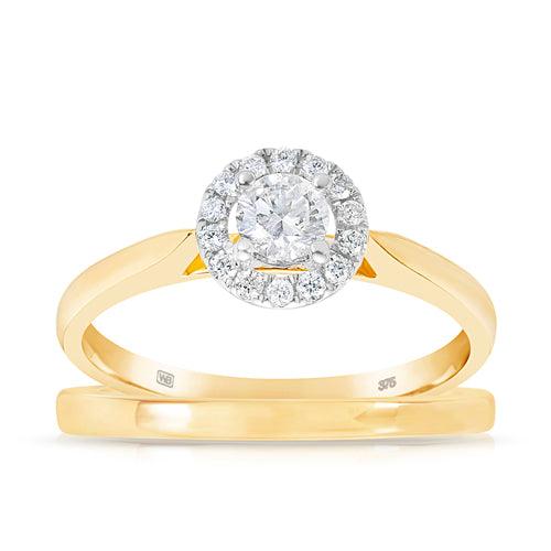 Round Brilliant Cut Diamond Halo Engagement & Wedding Bridal Set made in 9ct Yellow Gold TDW 0.33ct - Wallace Bishop