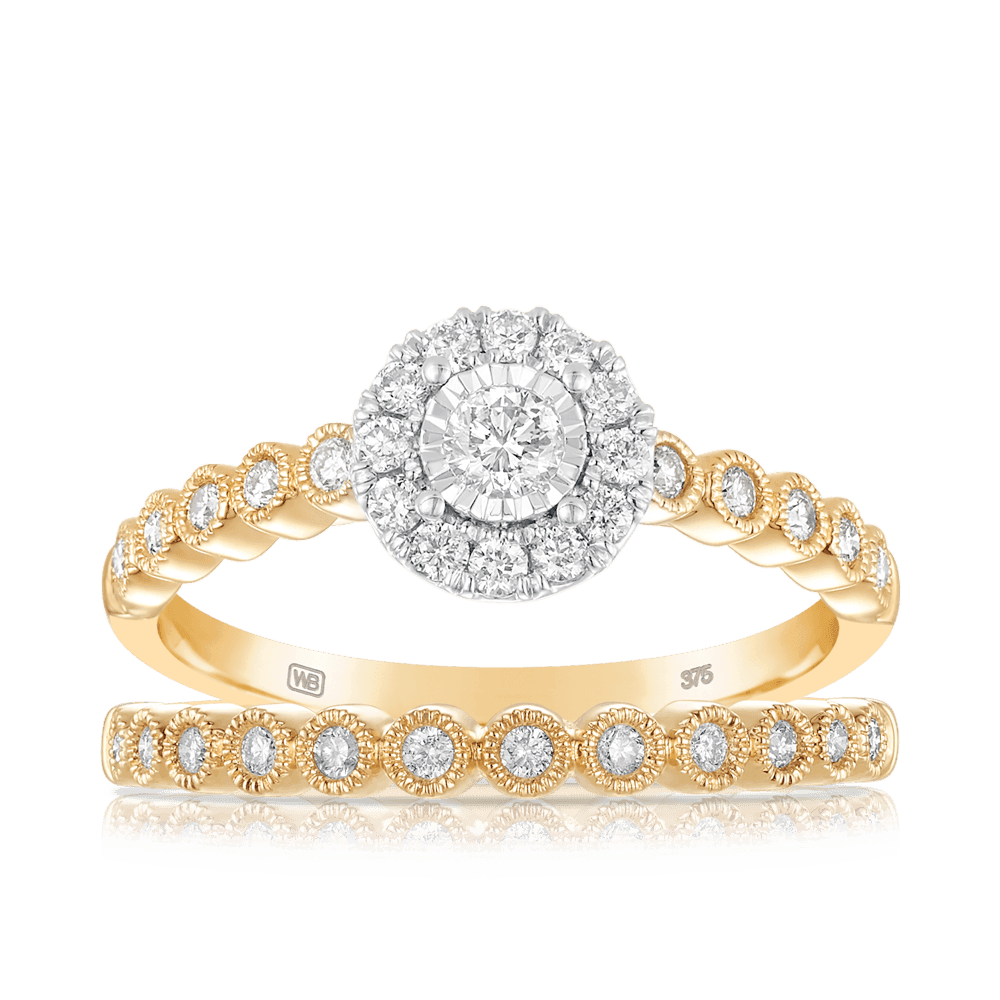 0.49ct TW Round Brilliant Cut Diamond Halo Engagement Wedding Bridal Set Rings in 9ct Yellow Gold