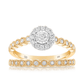 Round Brilliant Cut Diamond Halo Engagement & Wedding Bridal Set Rings in 9ct Yellow Gold - Wallace Bishop
