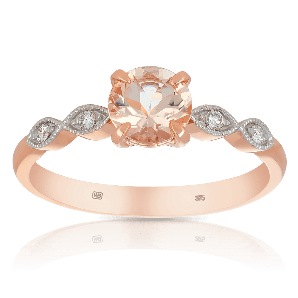 Round Brilliant Cut Morganite & Diamonds Ring in 9ct Rose Gold - Wallace Bishop