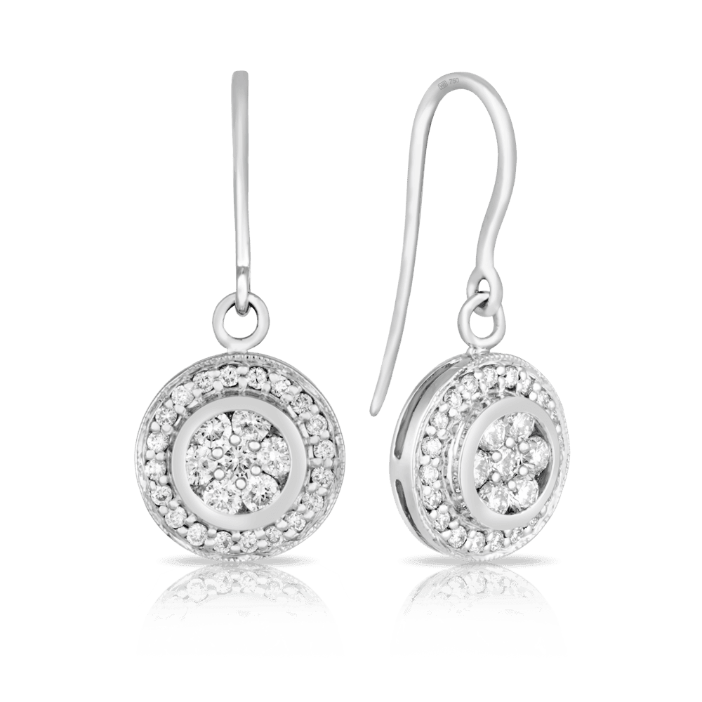 Round Brilliant Diamond Drop Earrings set in 18ct White Gold. Total Diamond Weight 1.00ct - Wallace Bishop