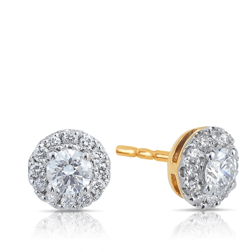 Round Claw Set Diamond Halo Stud Earrings in 9ct Yellow Gold - Wallace Bishop