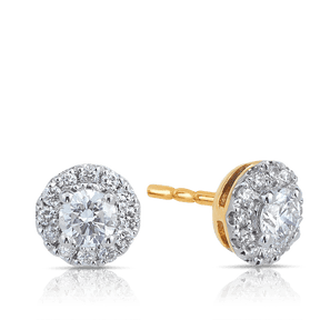 Round Claw Set Diamond Halo Stud Earrings in 9ct Yellow Gold - Wallace Bishop