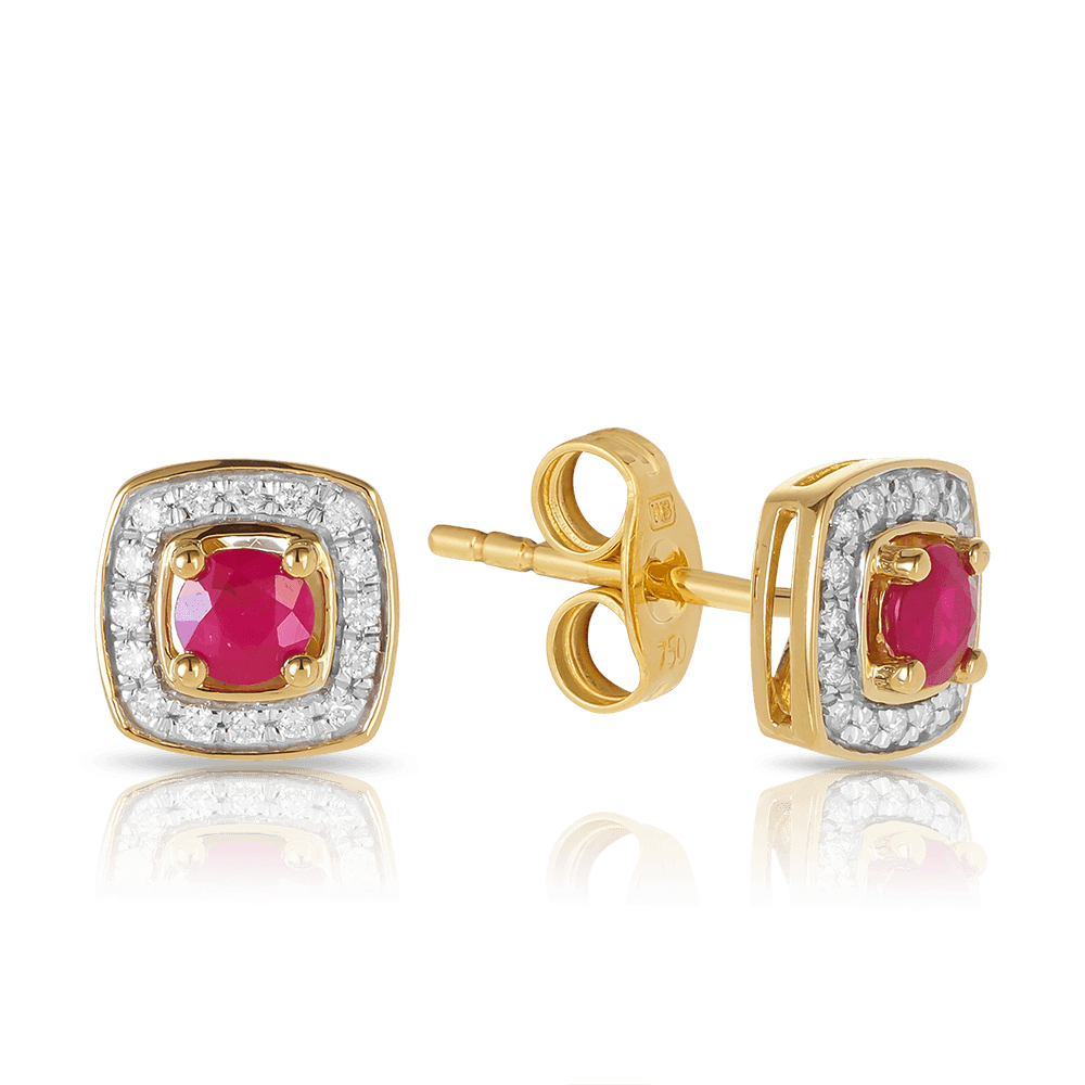 Ruby & Diamond Halo Stud Earrings in 18ct Yellow Gold - Wallace Bishop