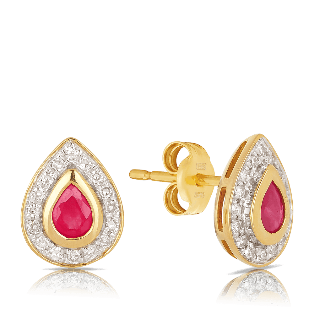 Ruby & Diamond Pear Shape Halo Stud Earrings in 9ct Yellow Gold - Wallace Bishop
