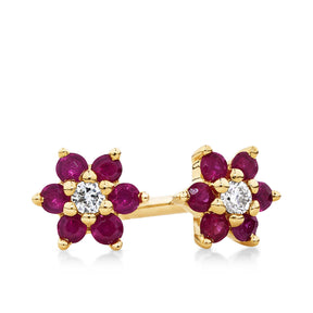 Ruby & Diamond Petite Flower Studs in 9ct Yellow Gold - Wallace Bishop