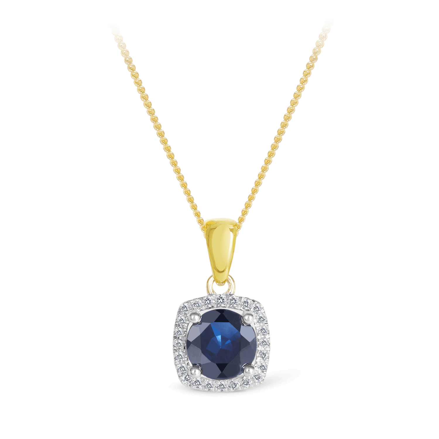 Sapphire & Diamond Cushion Halo Pendant in 9ct Yellow Gold - Wallace Bishop