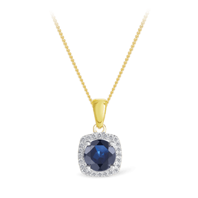 Sapphire & Diamond Cushion Halo Pendant in 9ct Yellow Gold - Wallace Bishop