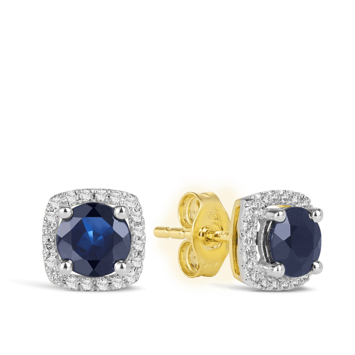 Sapphire & Diamond Cushion Halo Stud Earrings in 9ct Yellow Gold - Wallace Bishop