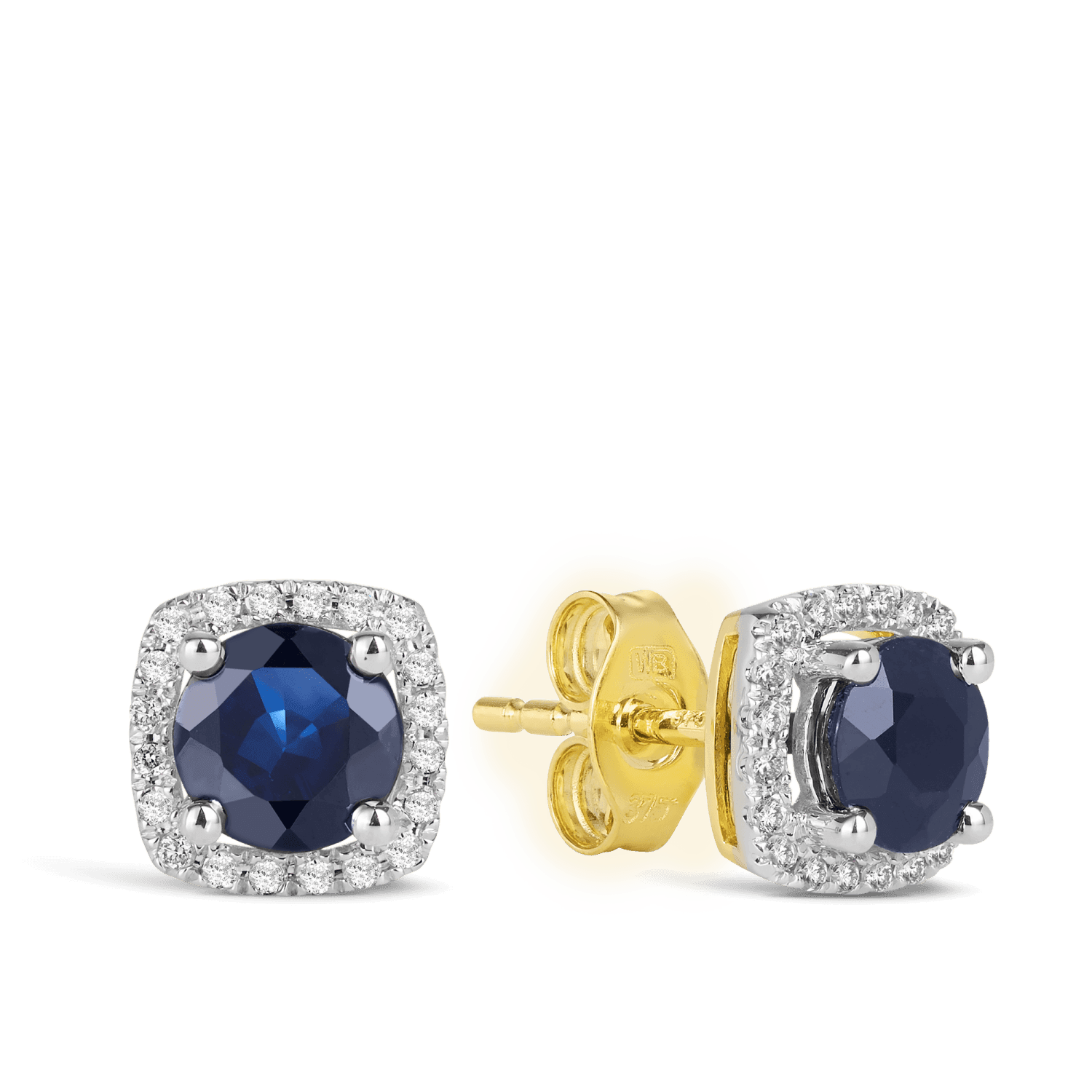 Sapphire & Diamond Cushion Halo Stud Earrings in 9ct Yellow Gold - Wallace Bishop