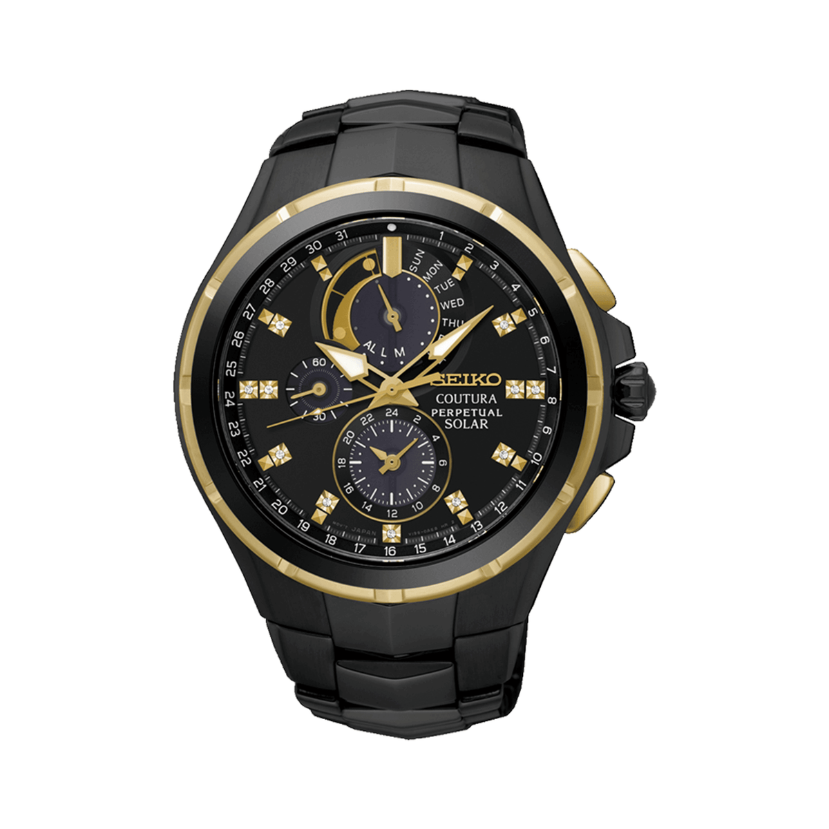 Seiko Coutura Men's 44mm Black & Gold Plated Solar Perpetual Watch SSC573P - Wallace Bishop
