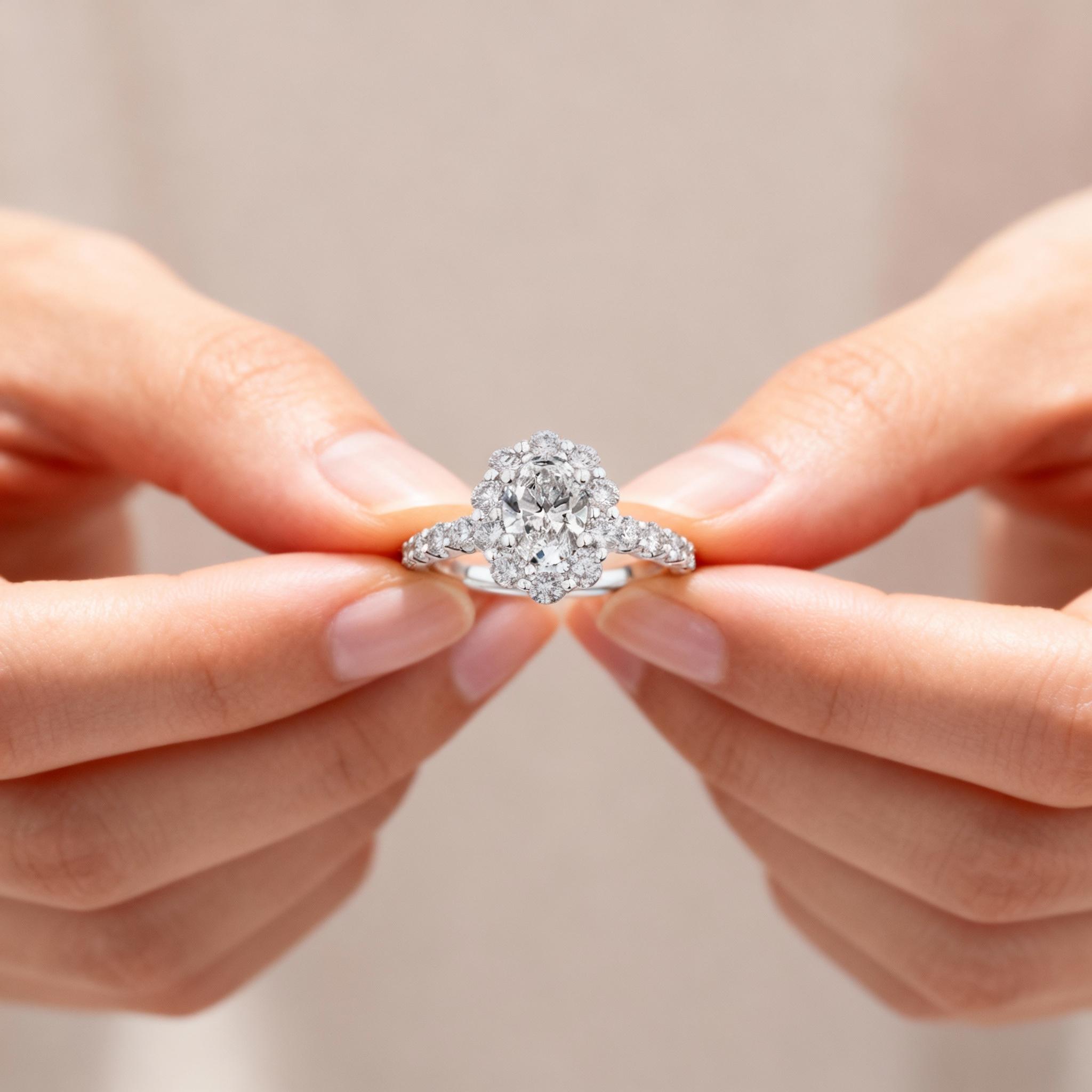 Everlasting 2.45ct TW Oval Lab-Grown Diamond Floral Halo Pave Band Engagement Ring in 18ct White Gold