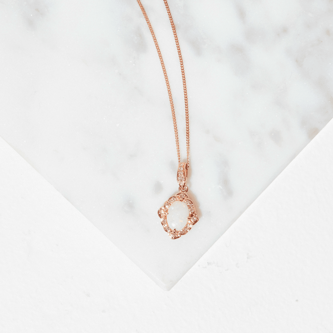 Solid White Opal & Diamond Pendant in 9ct Rose Gold - Wallace Bishop