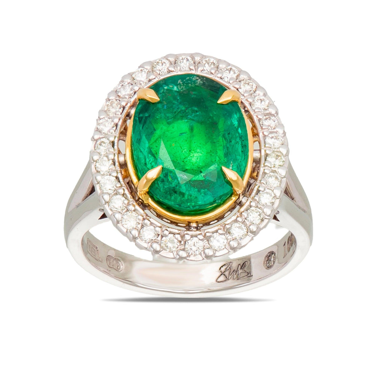 Stuart Bishop Collection Emerald and Diamond Ring in 18ct Yellow and White Gold TDW 0.520 - Wallace Bishop