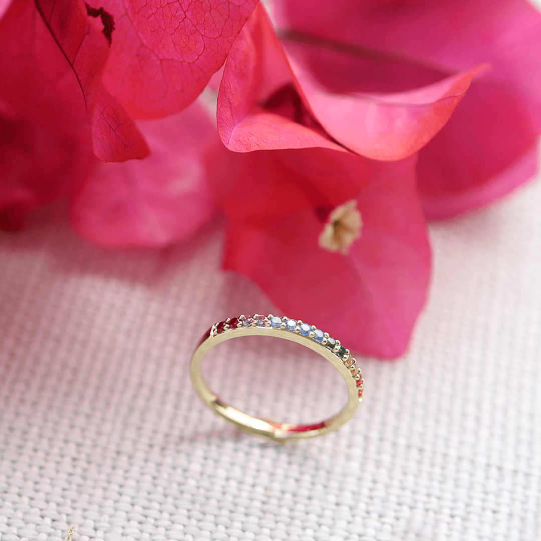 Swarovski Zirconia & Created Ruby Rainbow Stacker Ring in 9ct Yellow Gold - Wallace Bishop