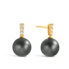 Tahitian Pearl & Diamond Bail Drop Earrings in 9ct Yellow Gold - Wallace Bishop