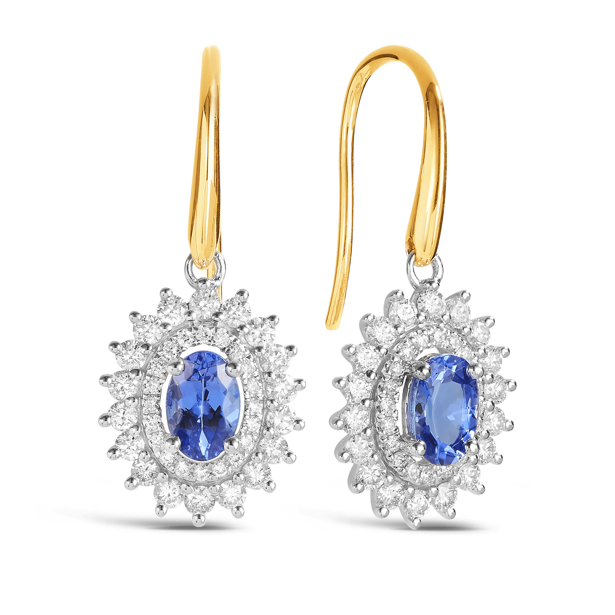 Tanzanite & Diamond Double Halo Drop Earrings in 9ct Yellow & White Gold - Wallace Bishop