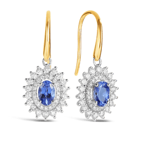 Tanzanite & Diamond Double Halo Drop Earrings in 9ct Yellow & White Gold - Wallace Bishop