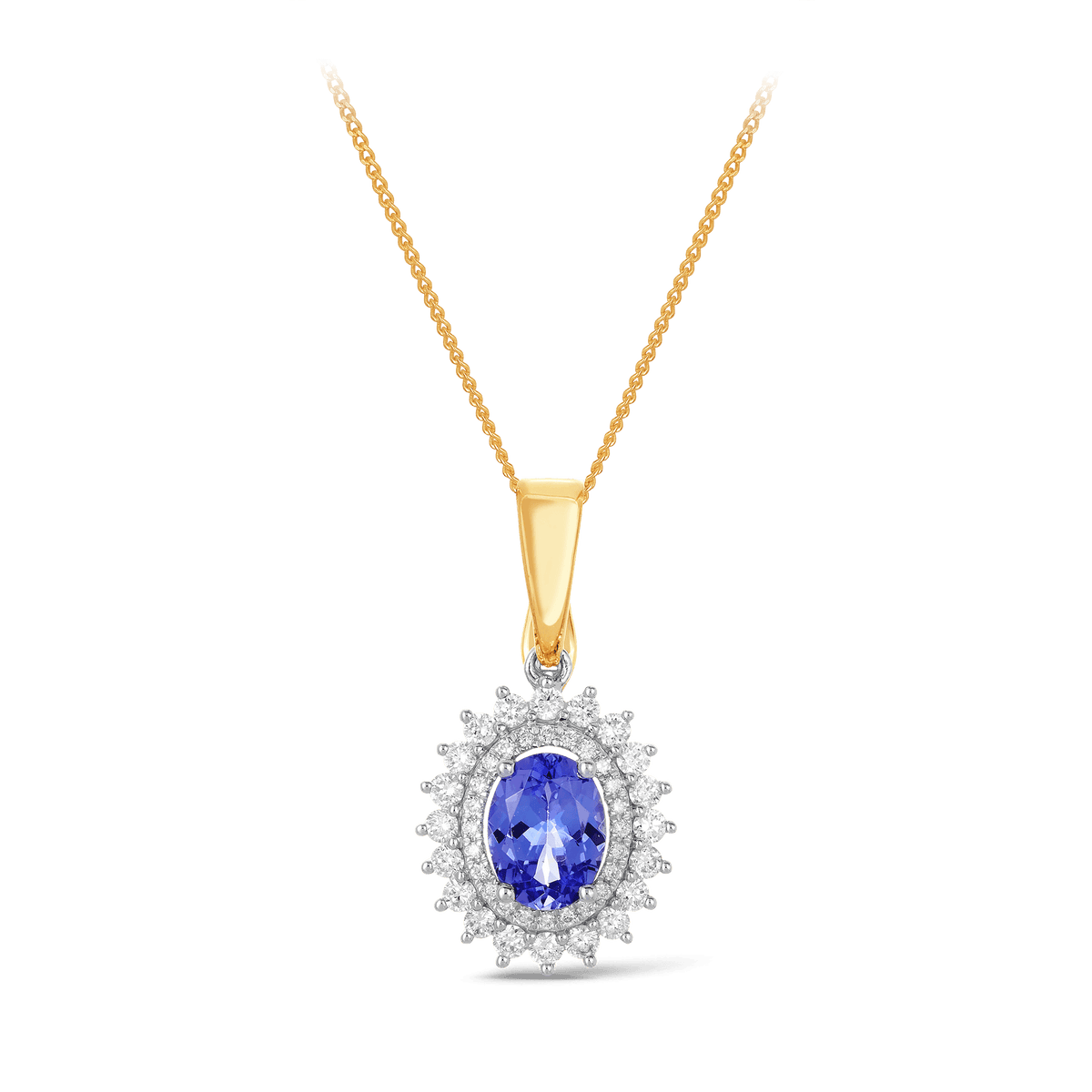 Tanzanite & Diamond Double Halo Pendant in 9ct Yellow & White Gold - Wallace Bishop