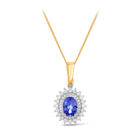 Tanzanite & Diamond Double Halo Pendant in 9ct Yellow & White Gold - Wallace Bishop