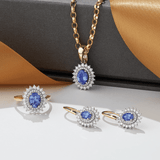 Tanzanite & Diamond Double Halo Pendant in 9ct Yellow & White Gold - Wallace Bishop