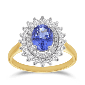 Tanzanite & Diamond Double Halo Ring in 9ct Yellow & White Gold - Wallace Bishop