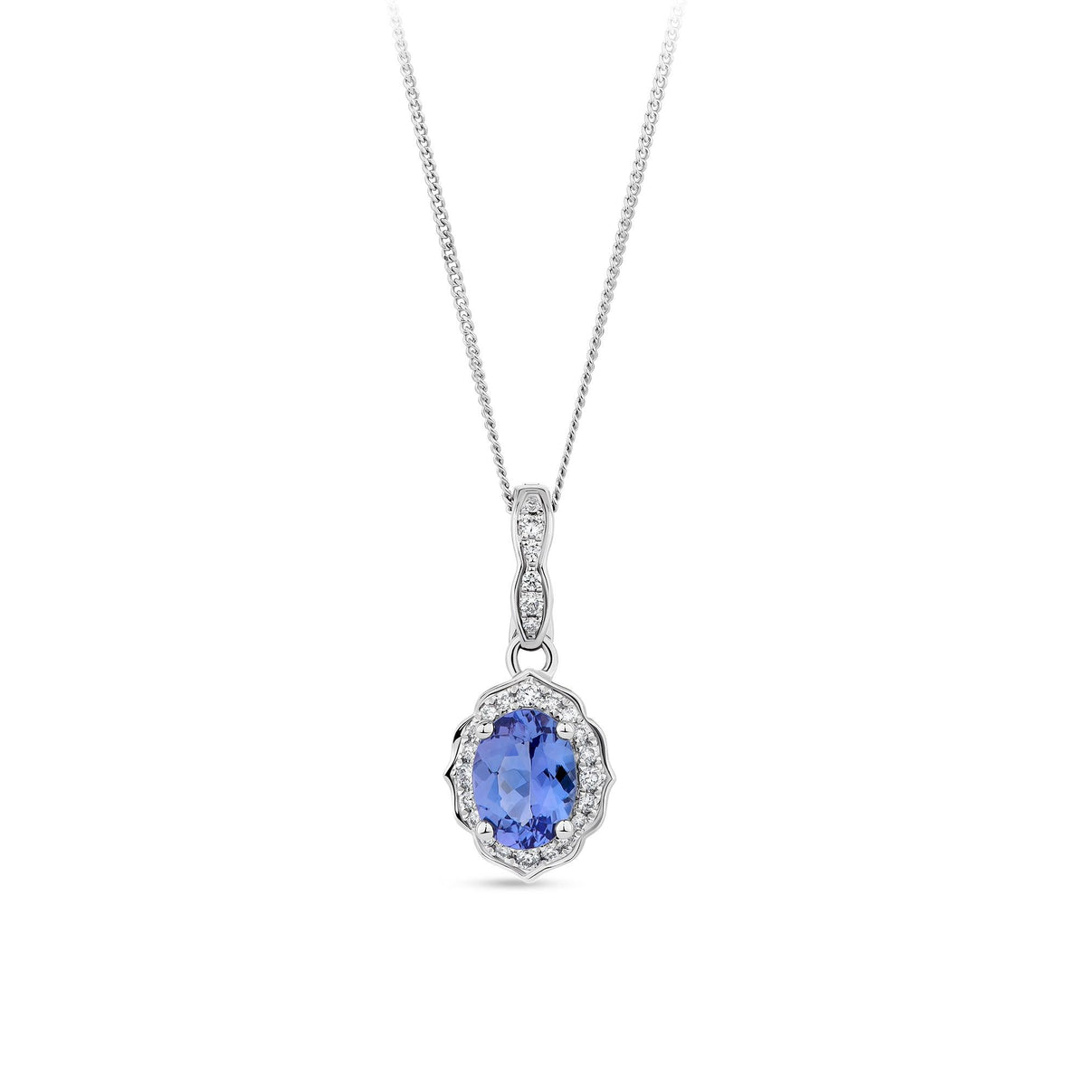 Tanzanite and Diamond Halo Pendant Necklace in 9ct White Gold - Wallace Bishop