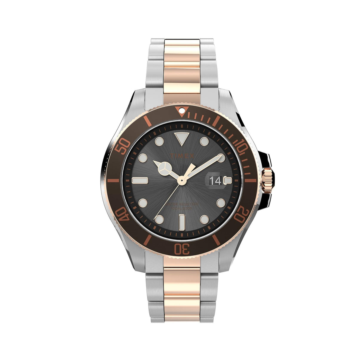 Timex Harborside Coast 43mm Two-Tone Green TR Black Dial Bracelet Watch TW2V42100 - Wallace Bishop