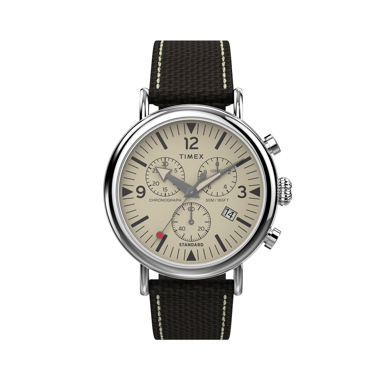 Timex Standard Chrono 41mm Silver-tone Case Cream Dial Brown Fabric Leather Strap Watch TW2V43800 - Wallace Bishop
