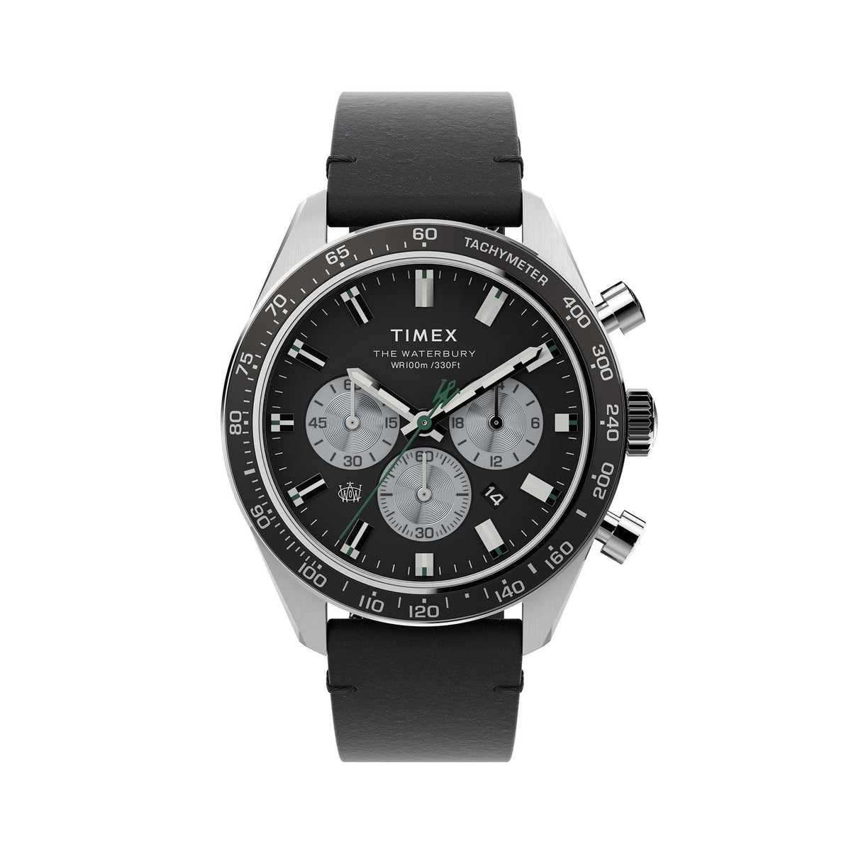Timex Waterbury Dive Quartz Chrono 41mm SST Case Black Dial Black Leather Strap Watch TW2V42500 - Wallace Bishop