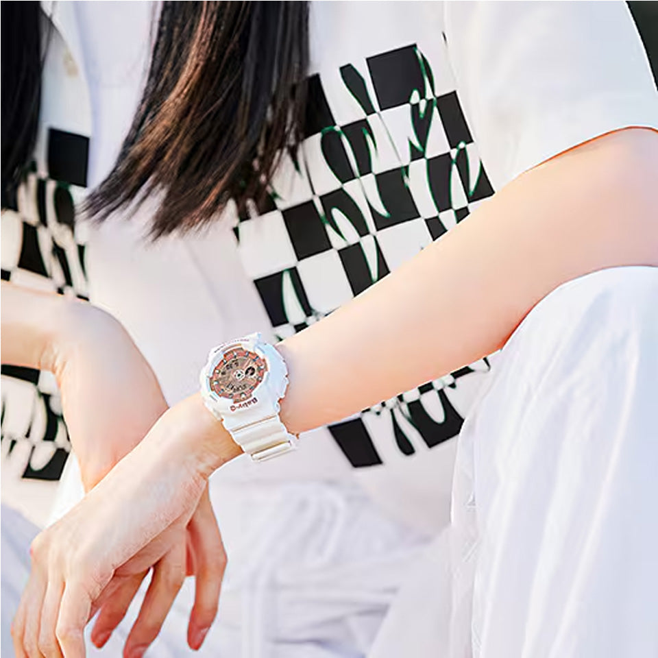 Casio BABY-G BA110-7A1 analogue digital watch with white resin band, rose gold metallic dial, and shock-resistant oversized design - on hand