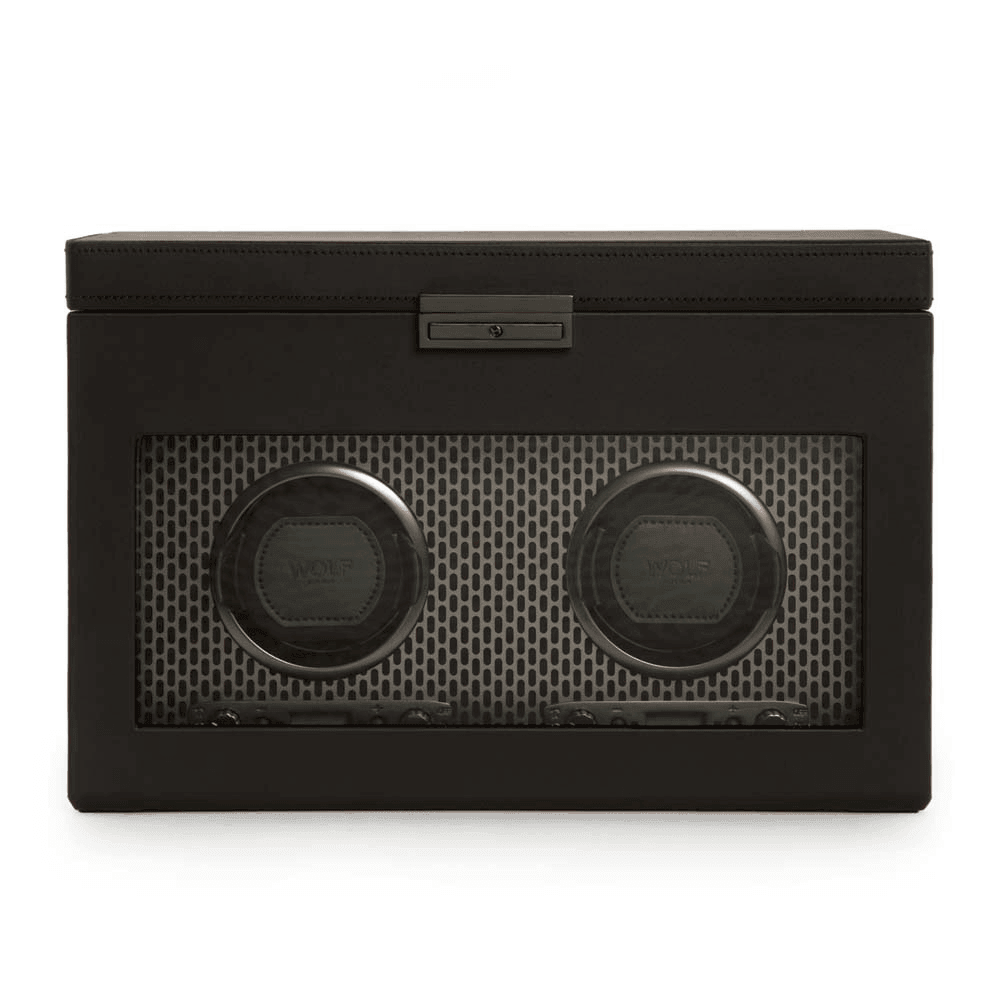 WOLF Axis Black Leather Double Automatic Watch Winder with Storage - Wallace Bishop