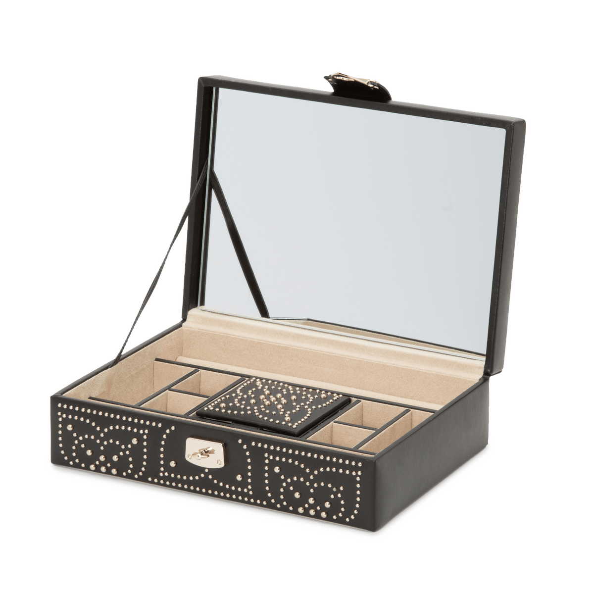 WOLF Marrakesh Black Leather Flat Jewellery Box with Mirror - Wallace Bishop