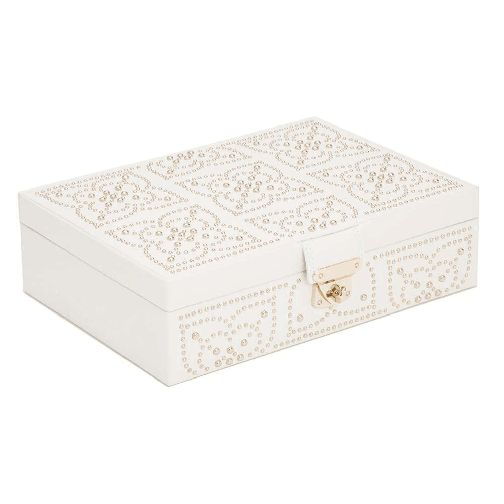 WOLF Marrakesh White Leather & Cream Flat Jewellery Box with Mirror - Wallace Bishop