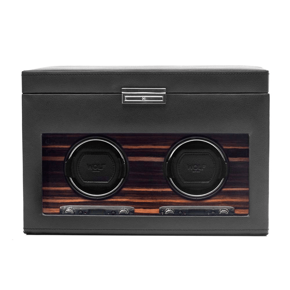 WOLF Roadster Black Leather & Wood Grain Double Automatic Watch Winder with Storage - Wallace Bishop