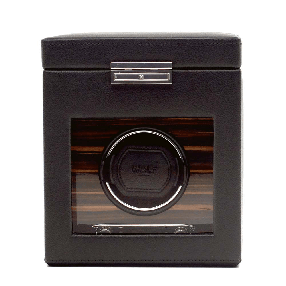 WOLF Roadster Black Leather & Wood Grain Single Automatic Watch Winder with Storage - Wallace Bishop