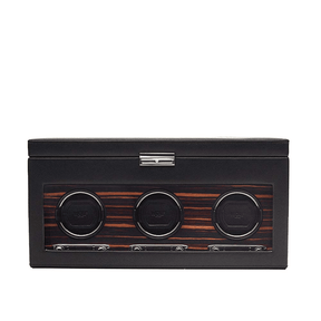 WOLF Roadster Black Leather & Wood Grain Triple Automatic Watch Winder with Storage - Wallace Bishop