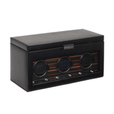 WOLF Roadster Black Leather & Wood Grain Triple Automatic Watch Winder with Storage - Wallace Bishop