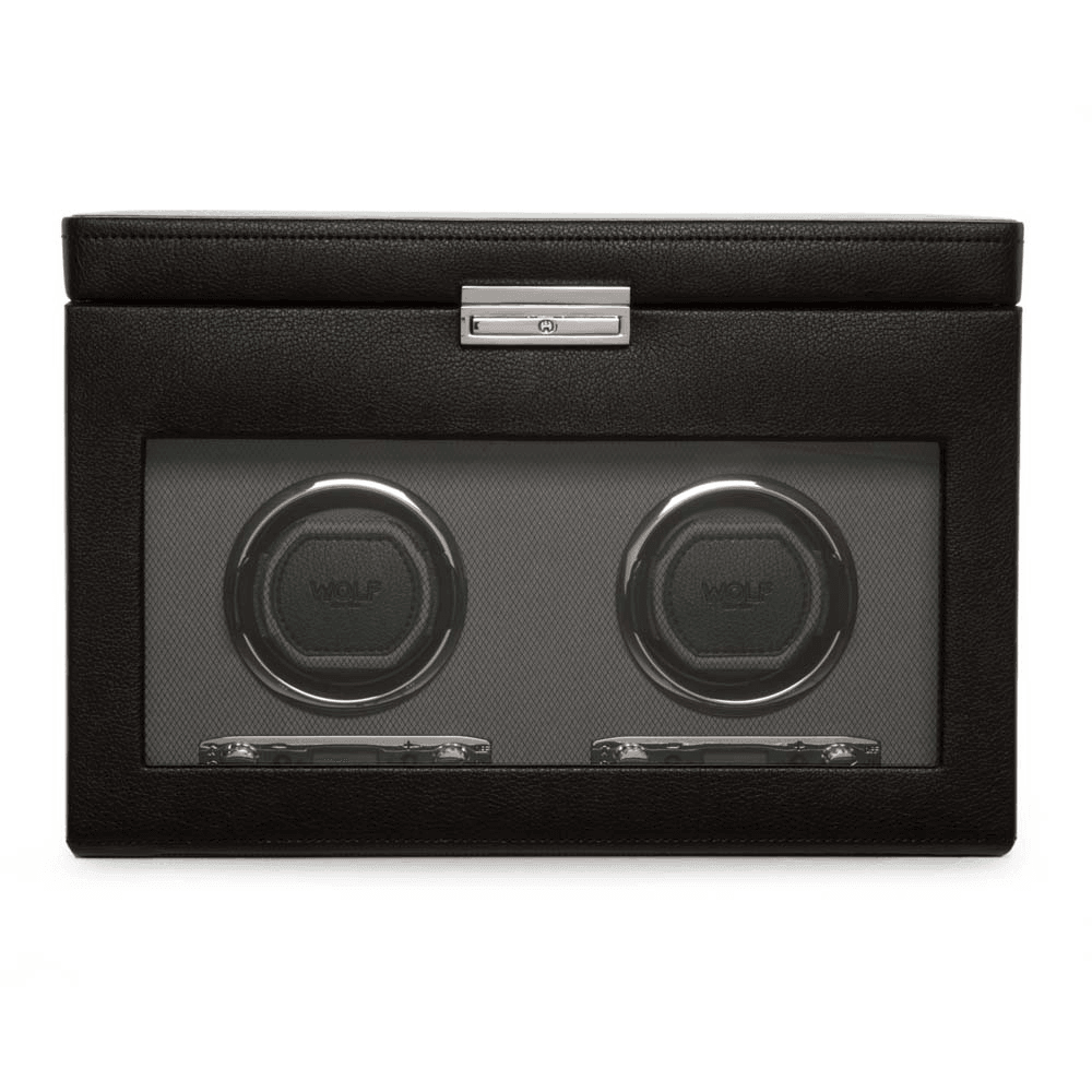 WOLF Viceroy Black Leather Double Automatic Watch Winder with Storage - Wallace Bishop
