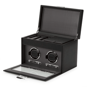 WOLF Viceroy Black Leather Double Automatic Watch Winder with Storage - Wallace Bishop