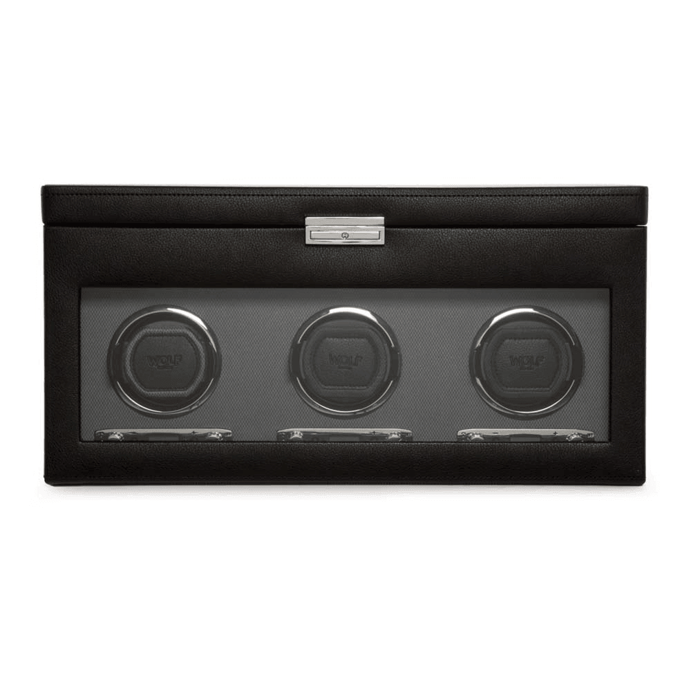 WOLF Viceroy Black Leather Triple Automatic Watch Winder with Storage - Wallace Bishop