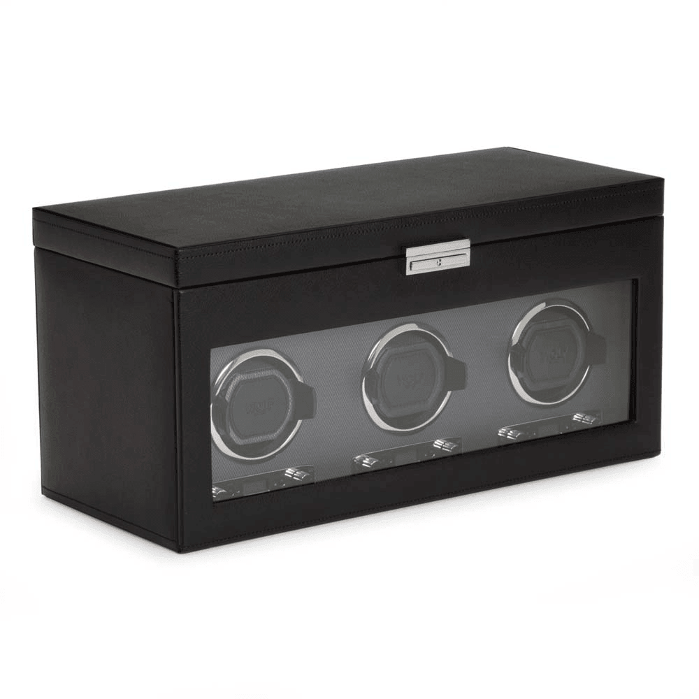 WOLF Viceroy Black Leather Triple Automatic Watch Winder with Storage - Wallace Bishop