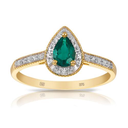 Created Emerald & Diamond Pear Halo Ring in 9ct Yellow Gold - Wallace Bishop
