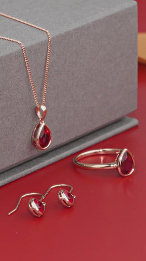 Created Ruby Pear Shape Drop Earrings in 9ct Rose Gold