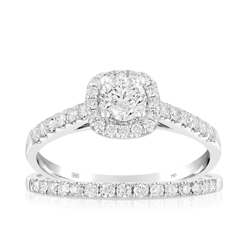 Round Brilliant Cut Diamond Halo Bridal Set Rings in 18ct White Gold - Wallace Bishop