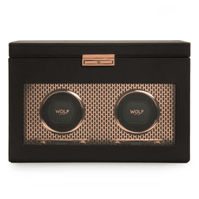 WOLF Axis Black Leather & Copper Tone Double Automatic Watch Winder with Storage - Wallace Bishop
