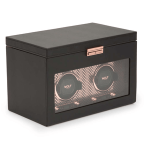 WOLF Axis Black Leather & Copper Tone Double Automatic Watch Winder with Storage - Wallace Bishop